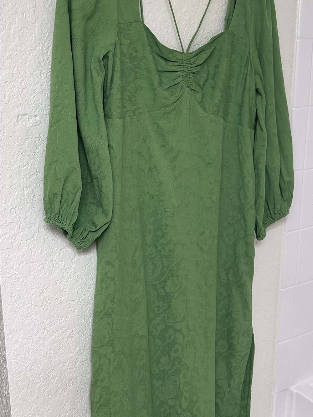 Maeve Anthropologie Green Jacquard Open Back Midi Dress Puff Sleeve US 10 - Picture 7 of 14